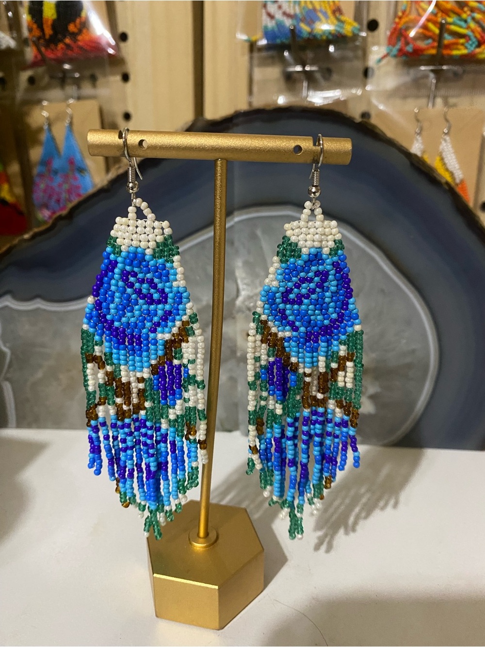 Handcrafted Blue Beaded Fringe Earrings by